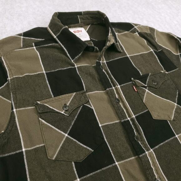 Levis Flannel Shirt Mens Medium Green Black Long Sleeve Plaid Oxford Button Down - Picture 2 of 10